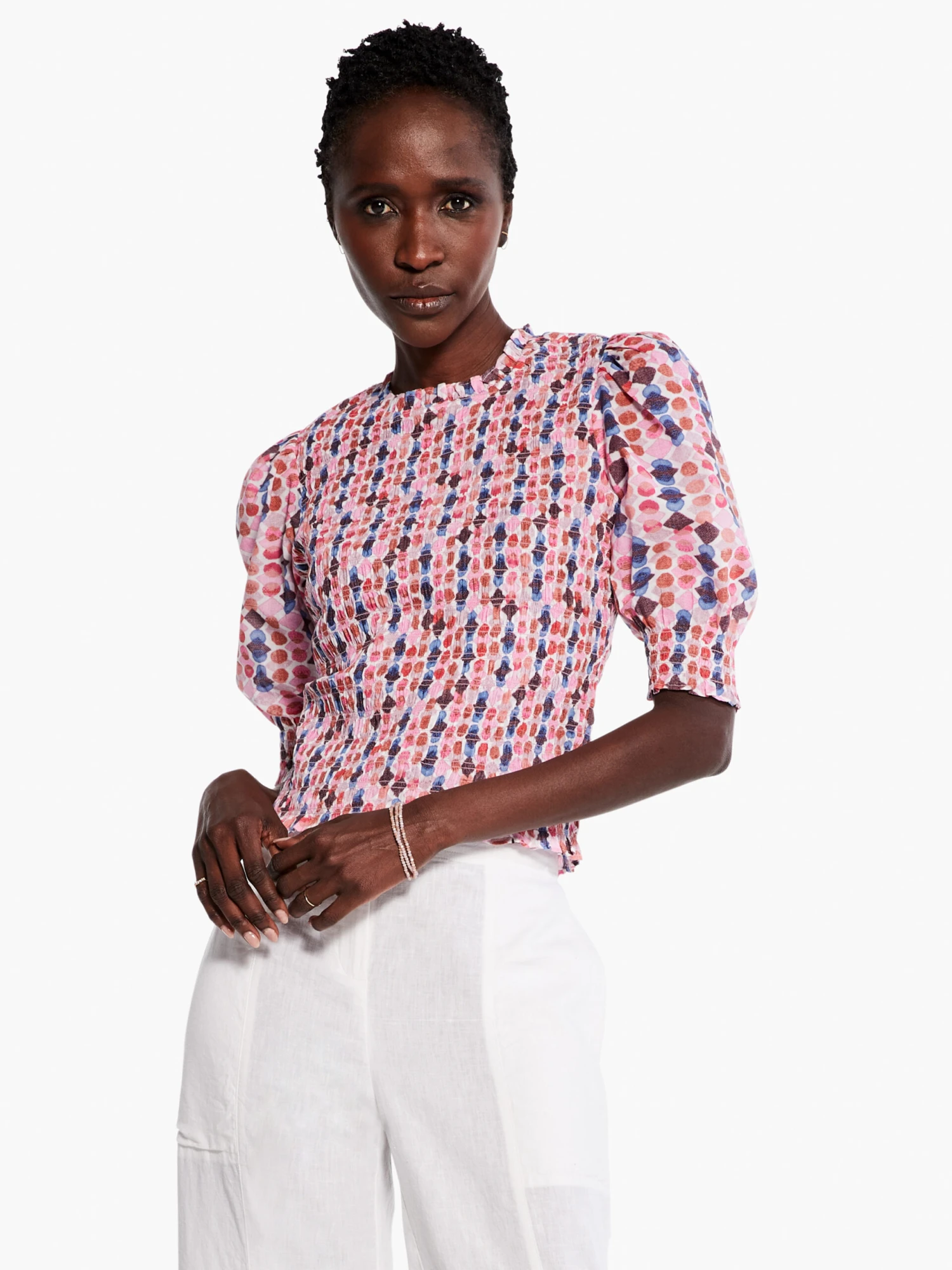 Geo Dots Smocked Top PINK MULTI 1 Geo Dots Smocked Top PINK MULTI