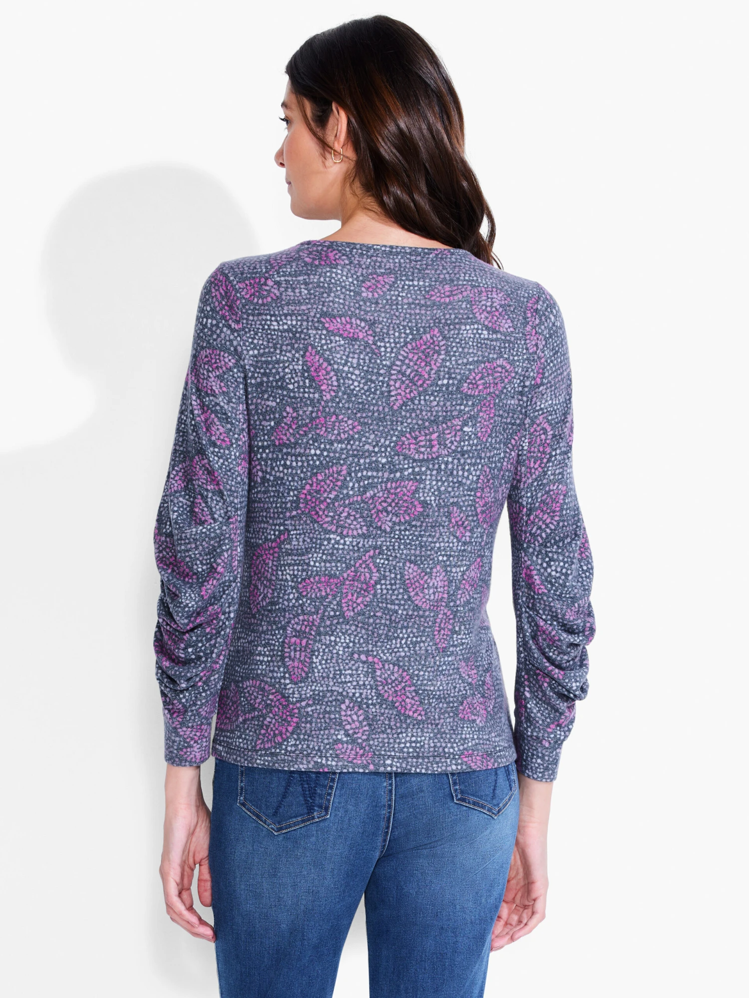 NZT Dotty Leaves Ruched Sleeve Crew Neck PINK MULTI 3 NZT Dotty Leaves Ruched Sleeve Crew Neck PINK MULTI - Image 3