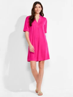 NZT Short Sleeve Notched V Dress SHOCKING PINK -Brave Sales Store NZTM231259SKPPRODUCT 04