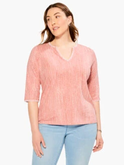 NZT 3/4 Sleeve Split Collar Stitch Top PINK MULTI