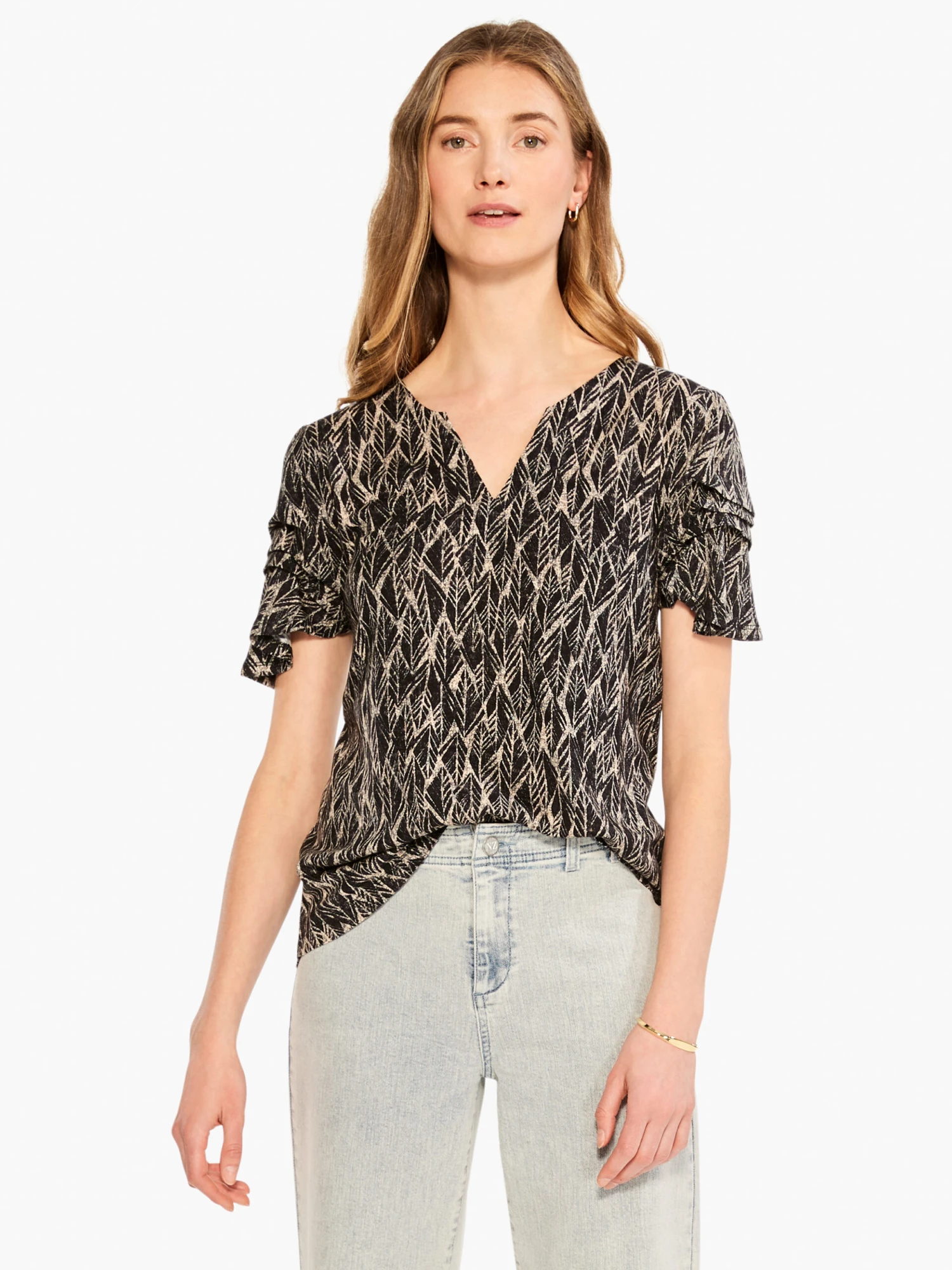 NZT Sketched Leaves Flutter Sleeve Split Neck Tee BLACK MULTI 2 NZT Sketched Leaves Flutter Sleeve Split Neck Tee BLACK MULTI - Image 2