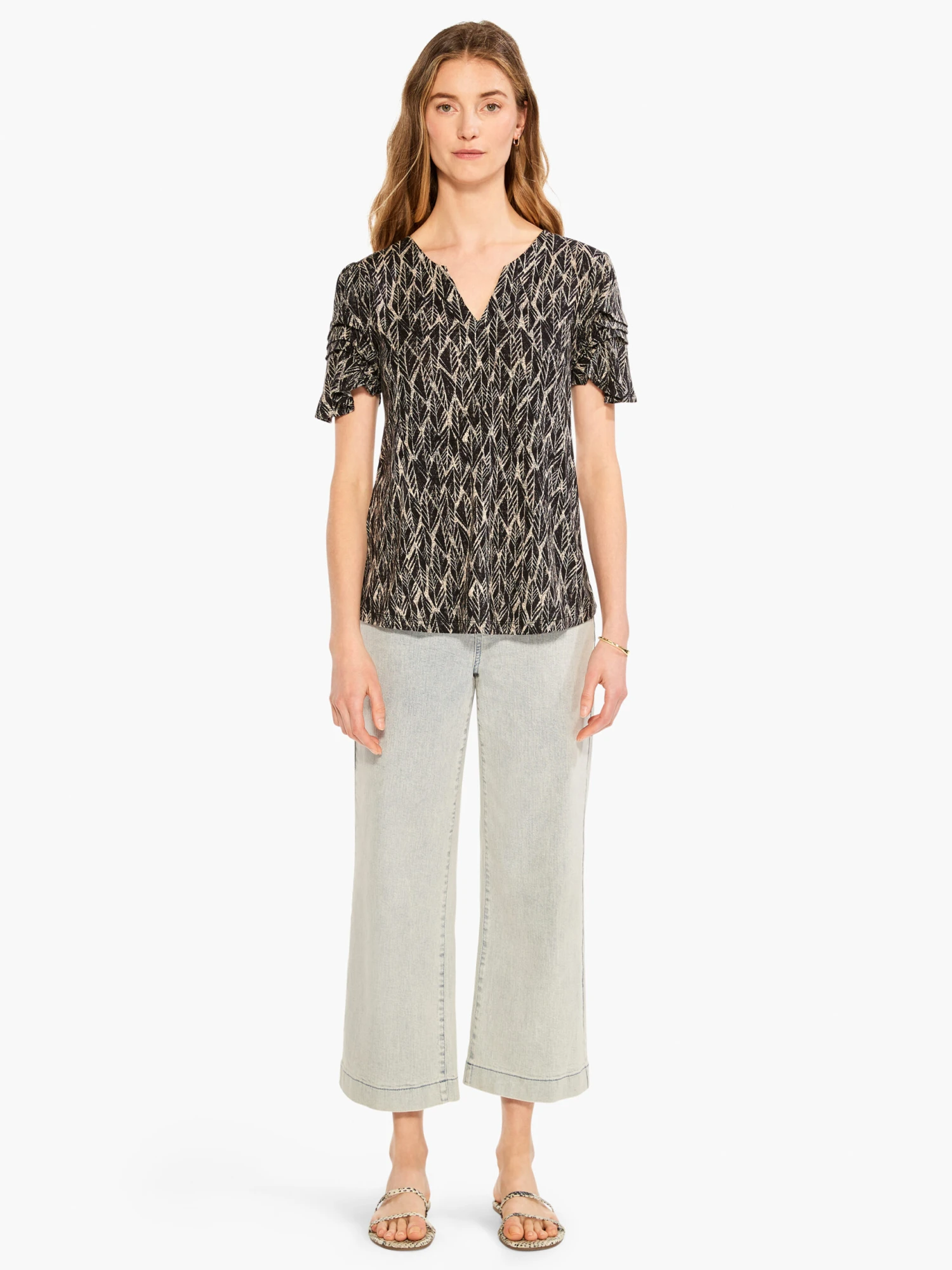 NZT Sketched Leaves Flutter Sleeve Split Neck Tee BLACK MULTI 5 NZT Sketched Leaves Flutter Sleeve Split Neck Tee BLACK MULTI - Image 5