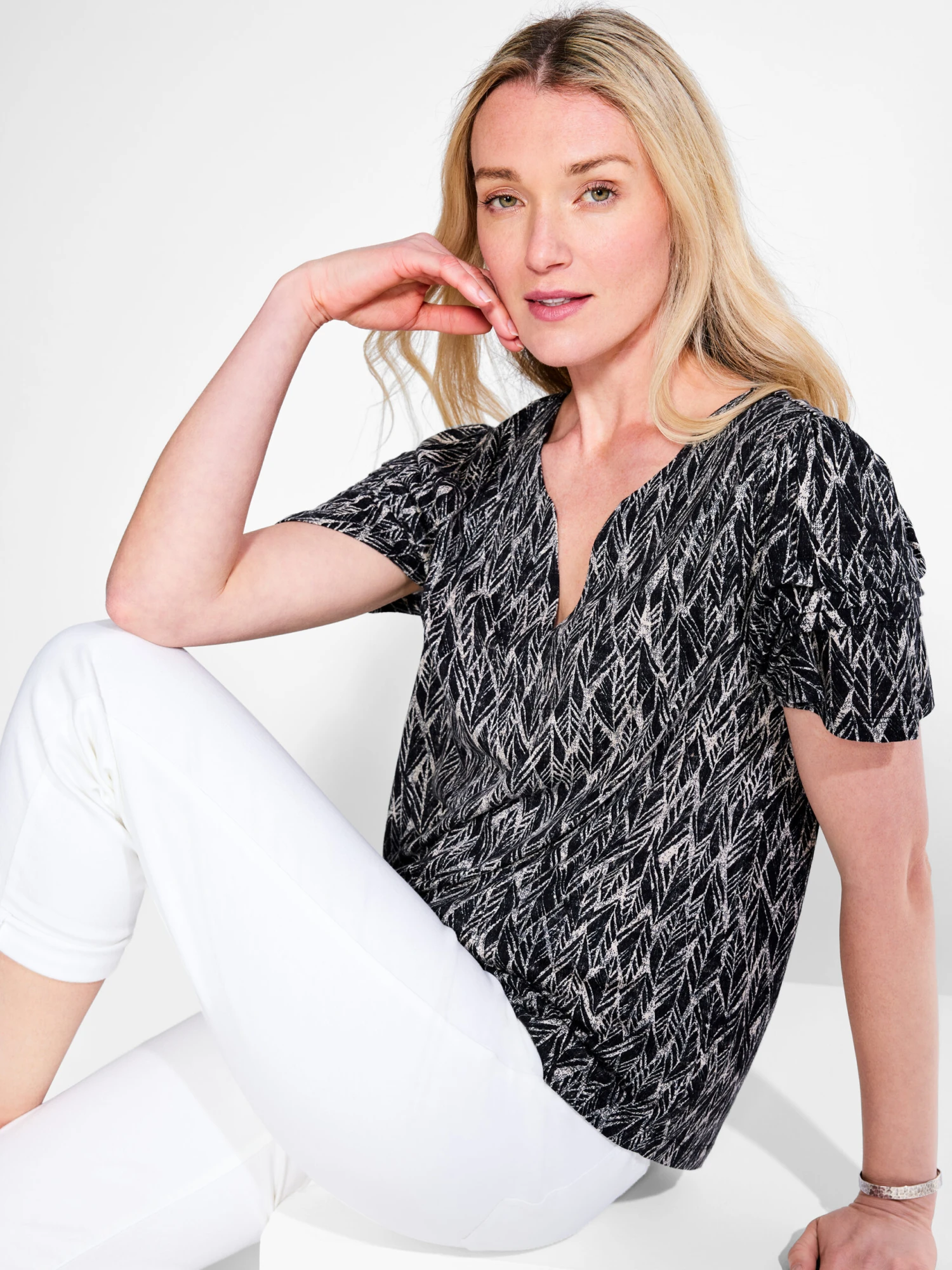 NZT Sketched Leaves Flutter Sleeve Split Neck Tee BLACK MULTI